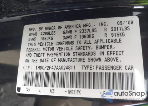 2010 Honda Accord 2.4 Lx-P from USA, damaged, VIN 1HGCP2F47AA024811